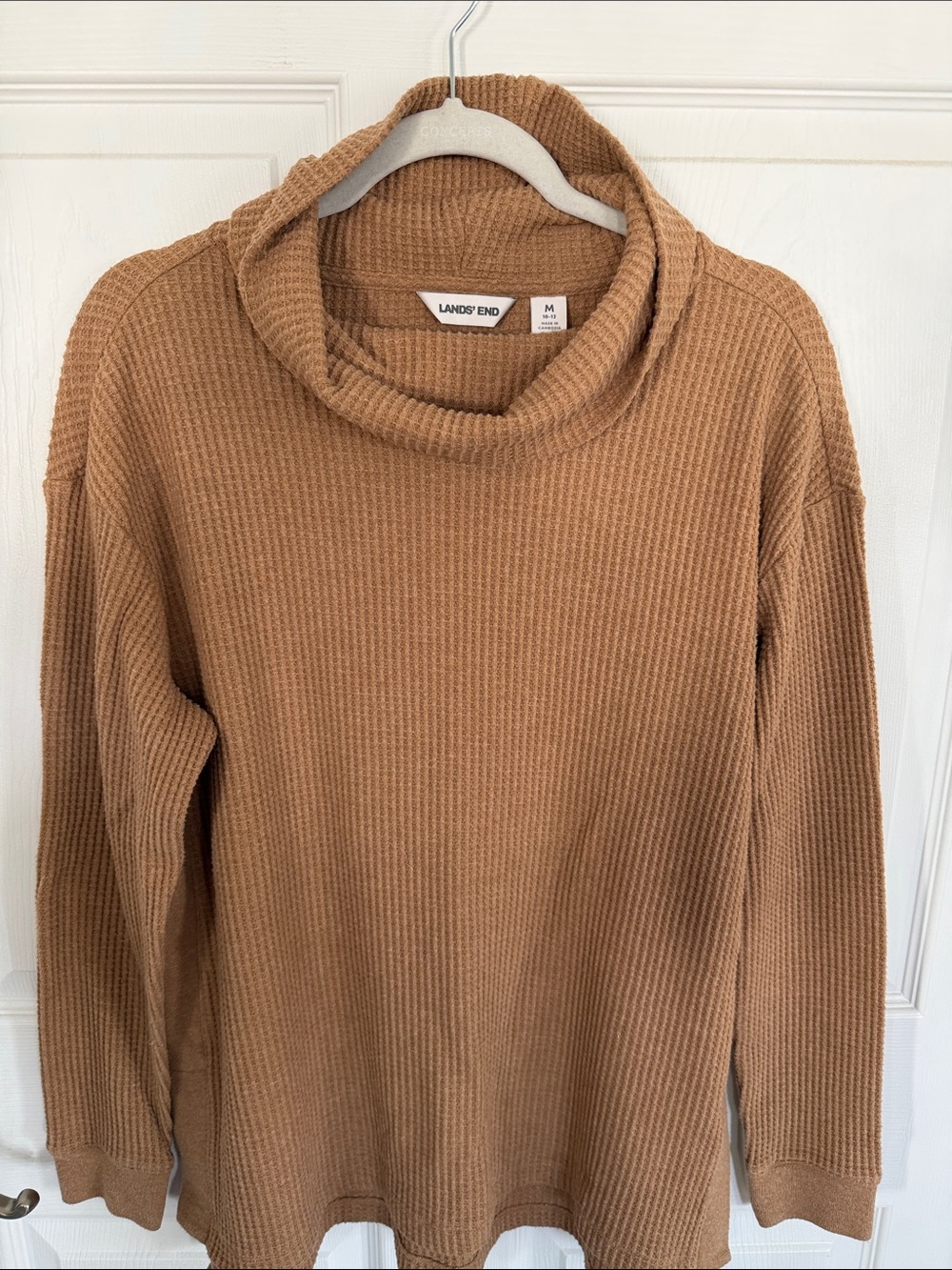 Lands' End Camel Waffle Knit Cowl Neck Sweater